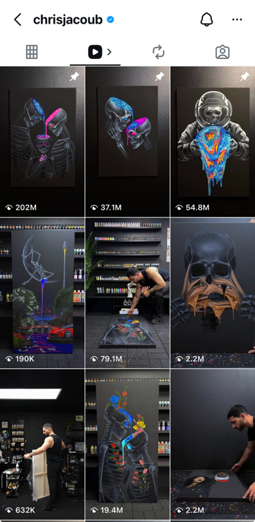 Image Grid of six side-by-side artworks featuring neon colors and skeletons on dark backgrounds